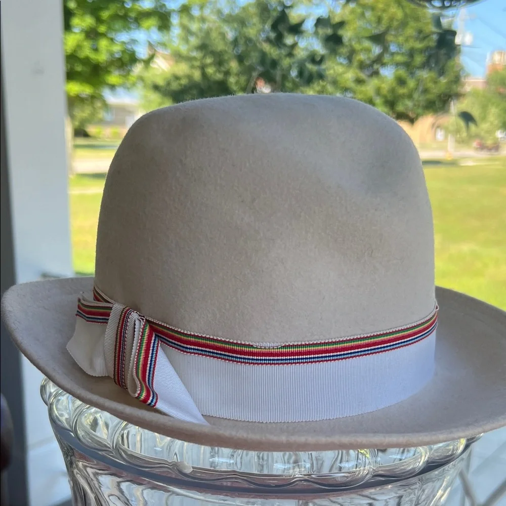 VTG Cream Wool Fedora Hat with Ribbon Band - Geo W Bollman
