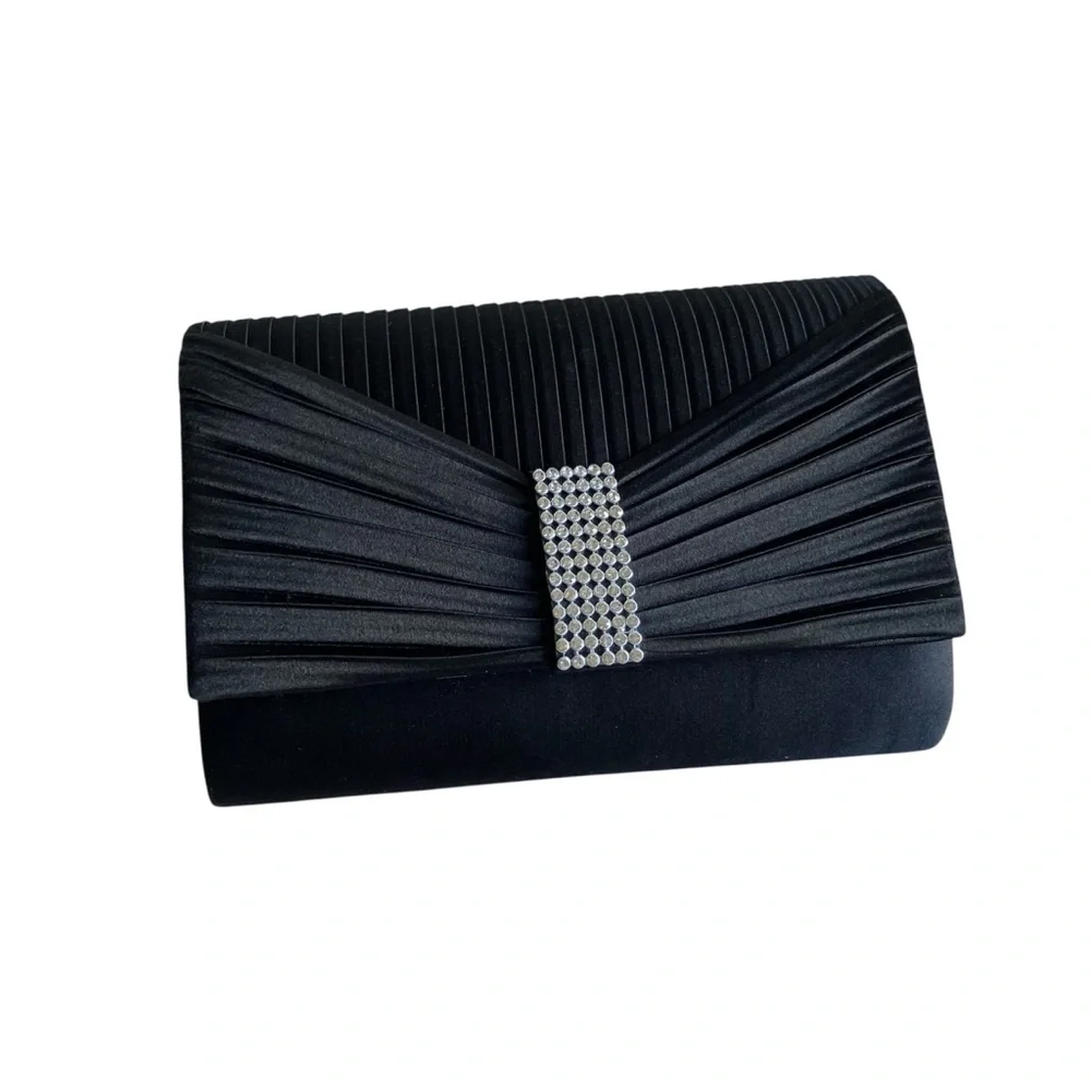 Vintage Jessica McClintock Black Crystal Prom Bow Embellished Clutch Satin Bag