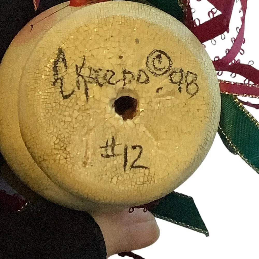 Vtg 1998 Snow Woman‎ Christmas Ornament Ribbon Handcrafted Signed Hand Painted