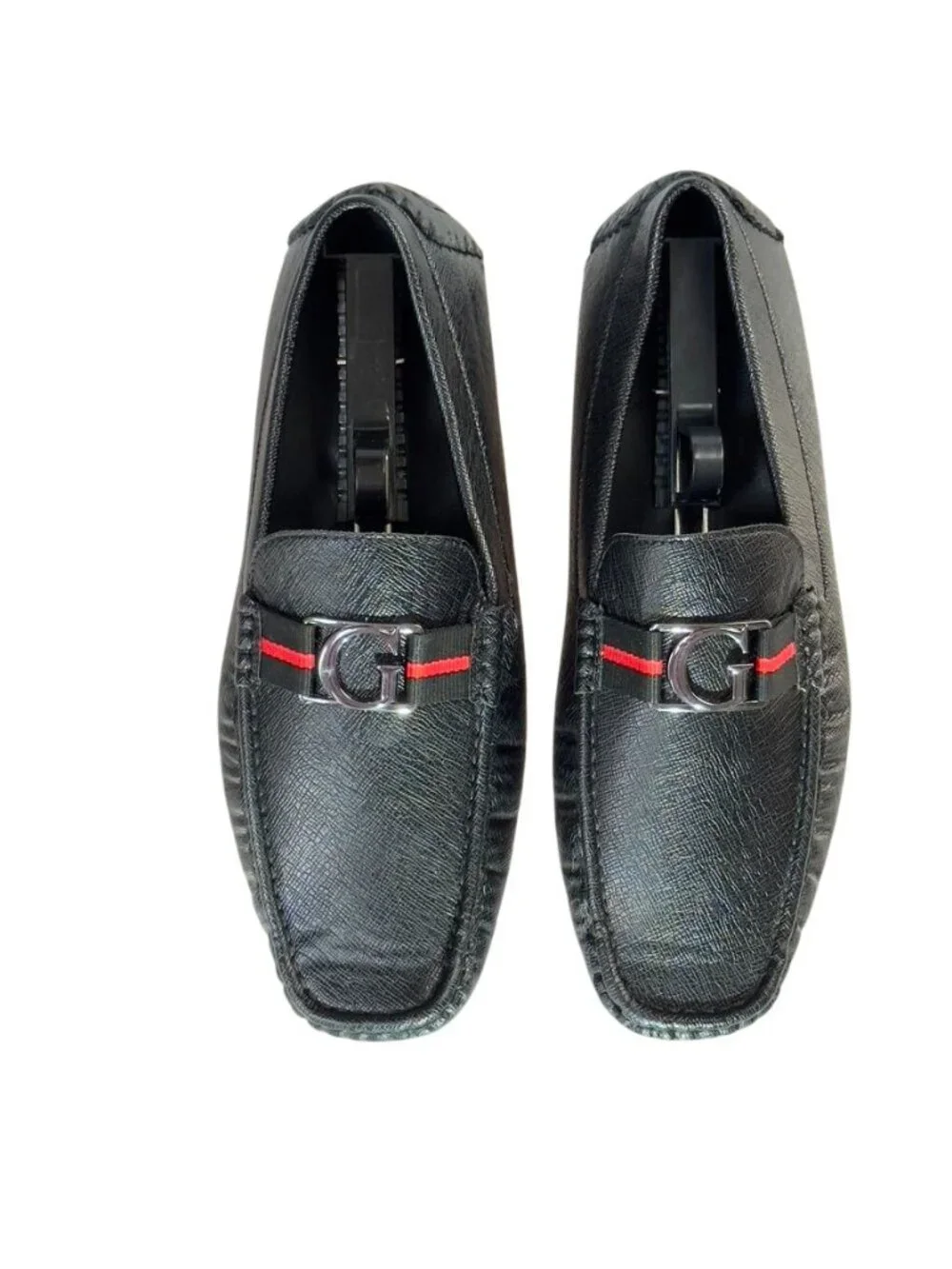 Mens Guess Black Loafers With Red Stripe & Metal G Logo Size 11