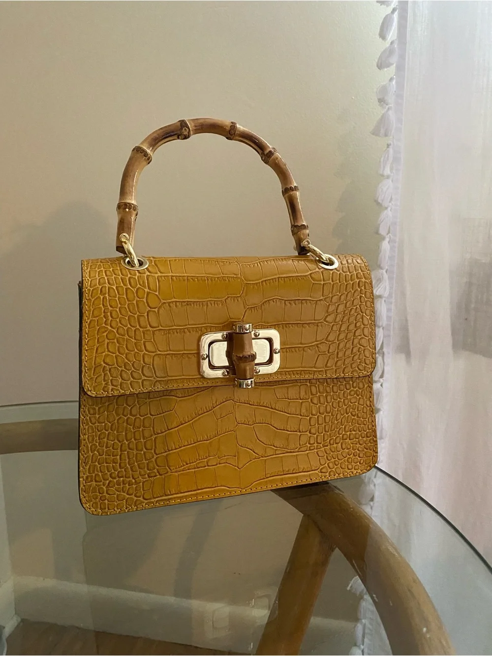 Italian Leather Mustard Croc-Embossed Bamboo Handle Bag
