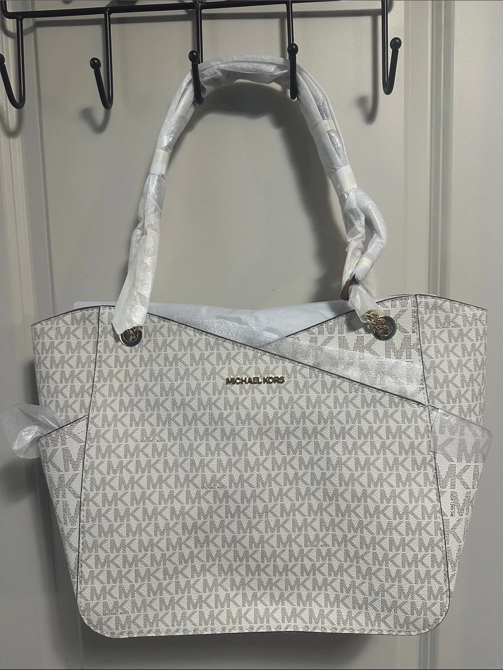 Michael Kors White MK Logo Tote with Gold Hardware