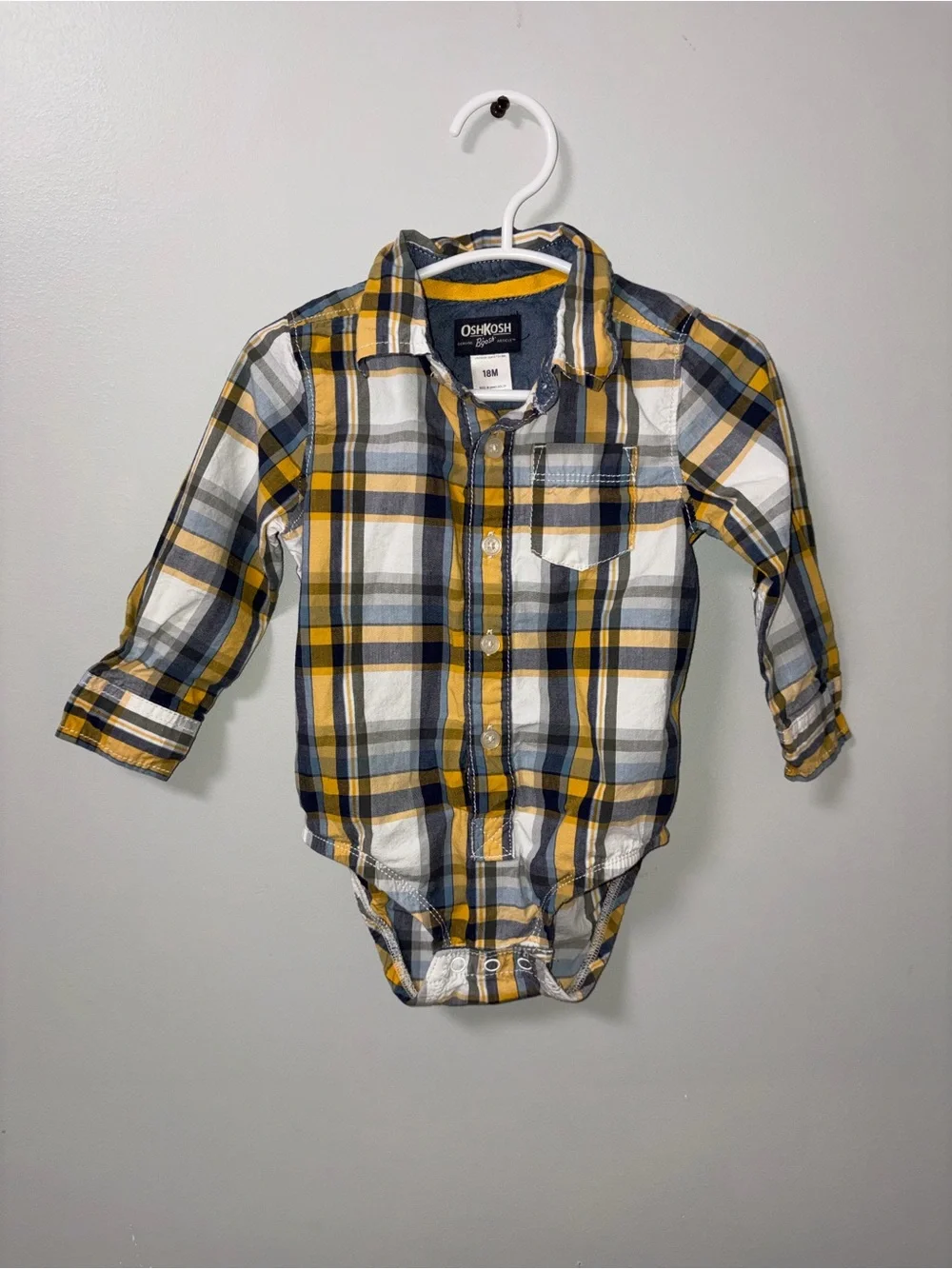 Oshkosh B’gosh Yellow Gray White Plaid Bubble Romper Collared Front Pocket 18M