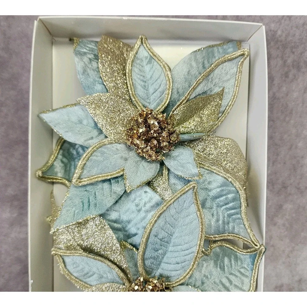 Blue Silver Glitter Flower Ornaments Clip On Tree Decor‎ 7