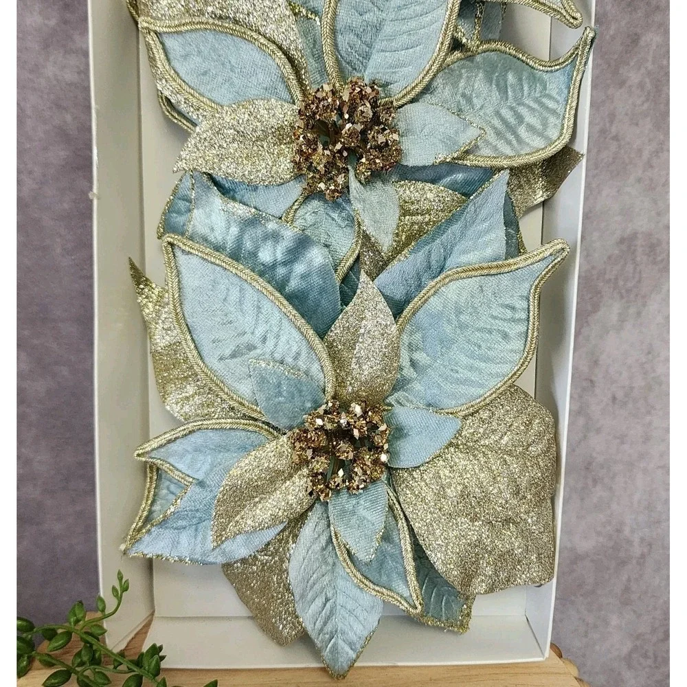 Blue Silver Glitter Flower Ornaments Clip On Tree Decor‎ 7
