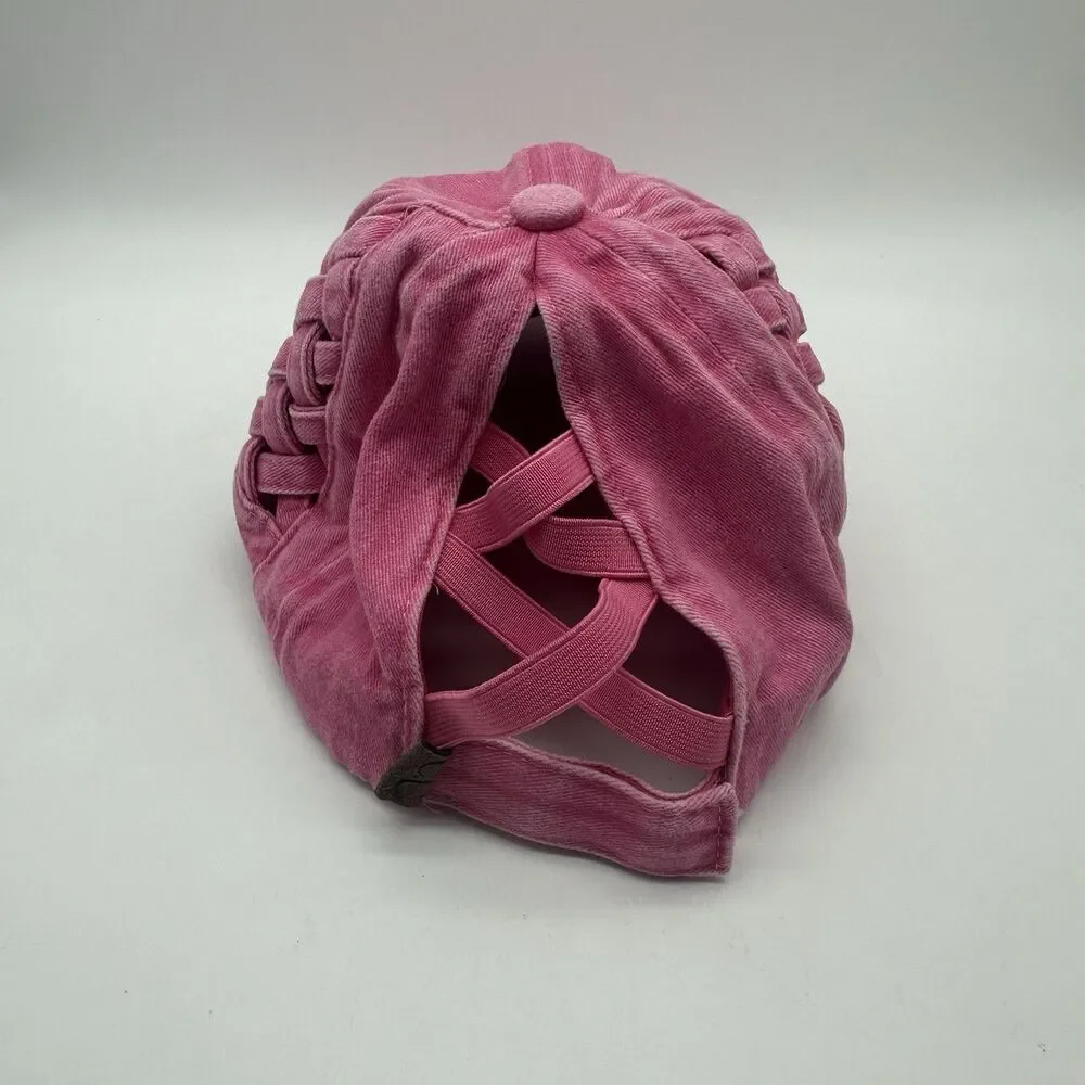 C.C. Womens Criss Cross Ponytail Baseball Cap Basket Weave Pink Messy Bun
