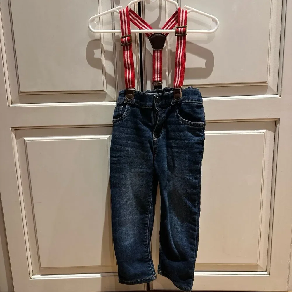 Boys Oshkosh jeans with suspenders, red and white‎ size 24 months