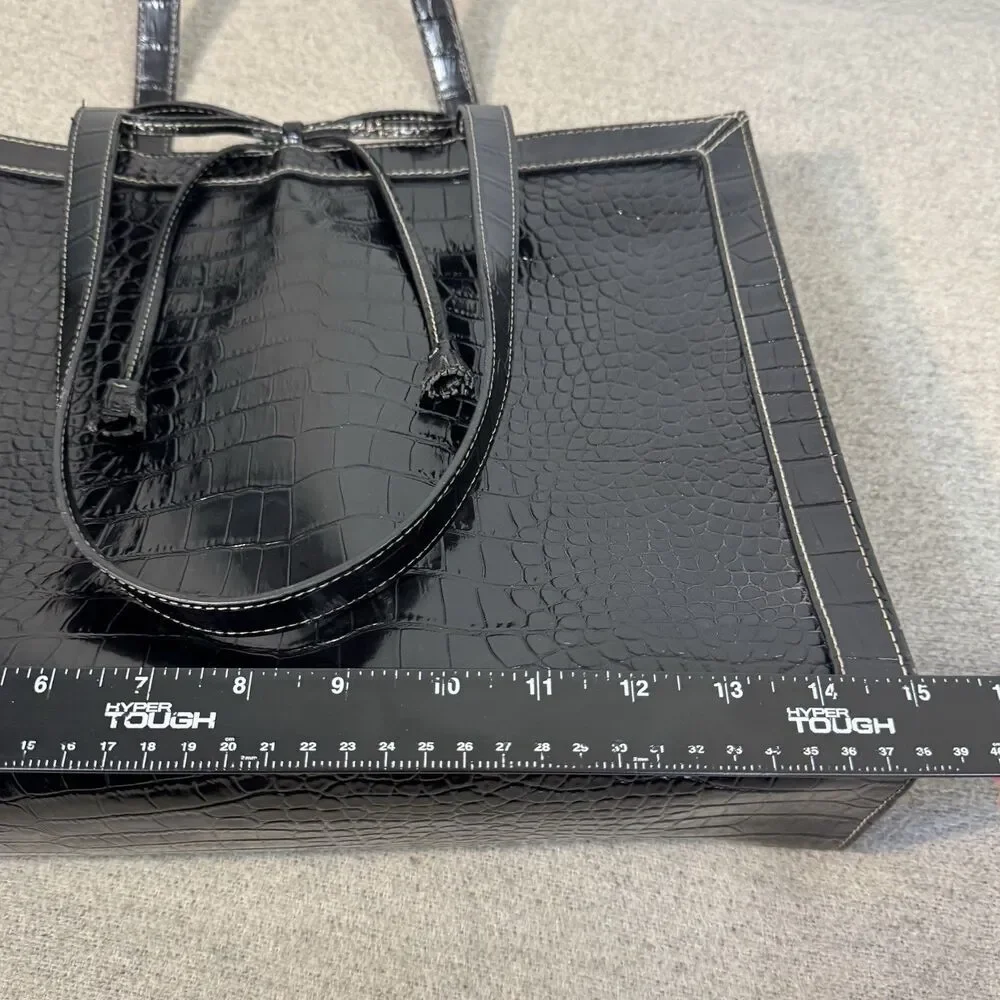 VTG Liz Claiborne Tote Bag Black Faux Croc 15x11 Structured Purse Wallet Mirror