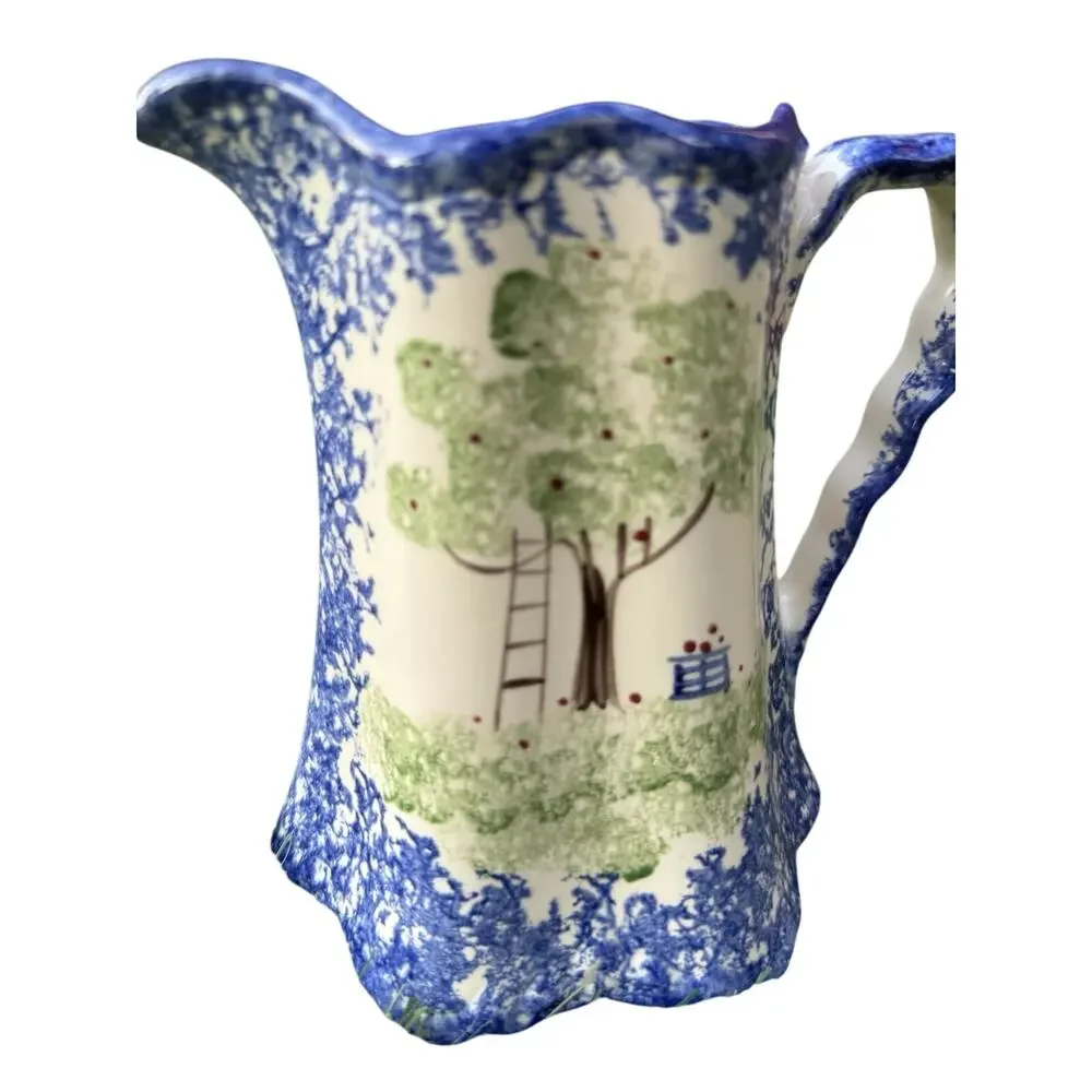 VTG Molly Dallas Blue Spatterware Ohio Folk Apple Tree Pitcher Wavy Handle 6.5