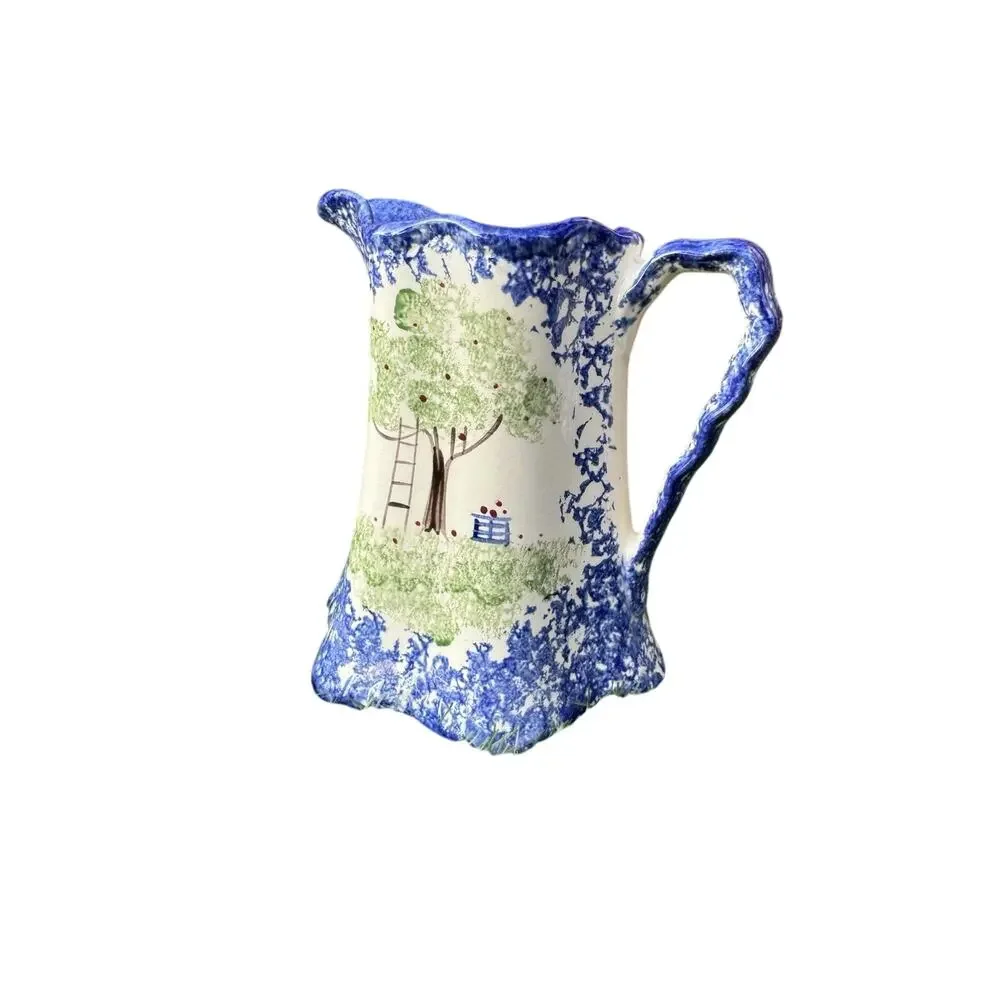 VTG Molly Dallas Blue Spatterware Ohio Folk Apple Tree Pitcher Wavy Handle 6.5