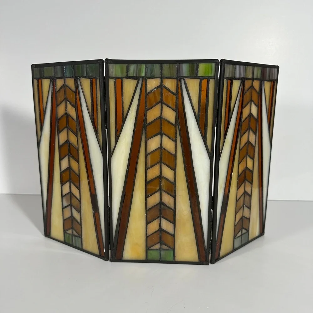 PARTYLITE THREE PANEL STAINED GLASS VOTIVE FRANK LLOYD WRIGHT PRARIE CRAFTSMAN