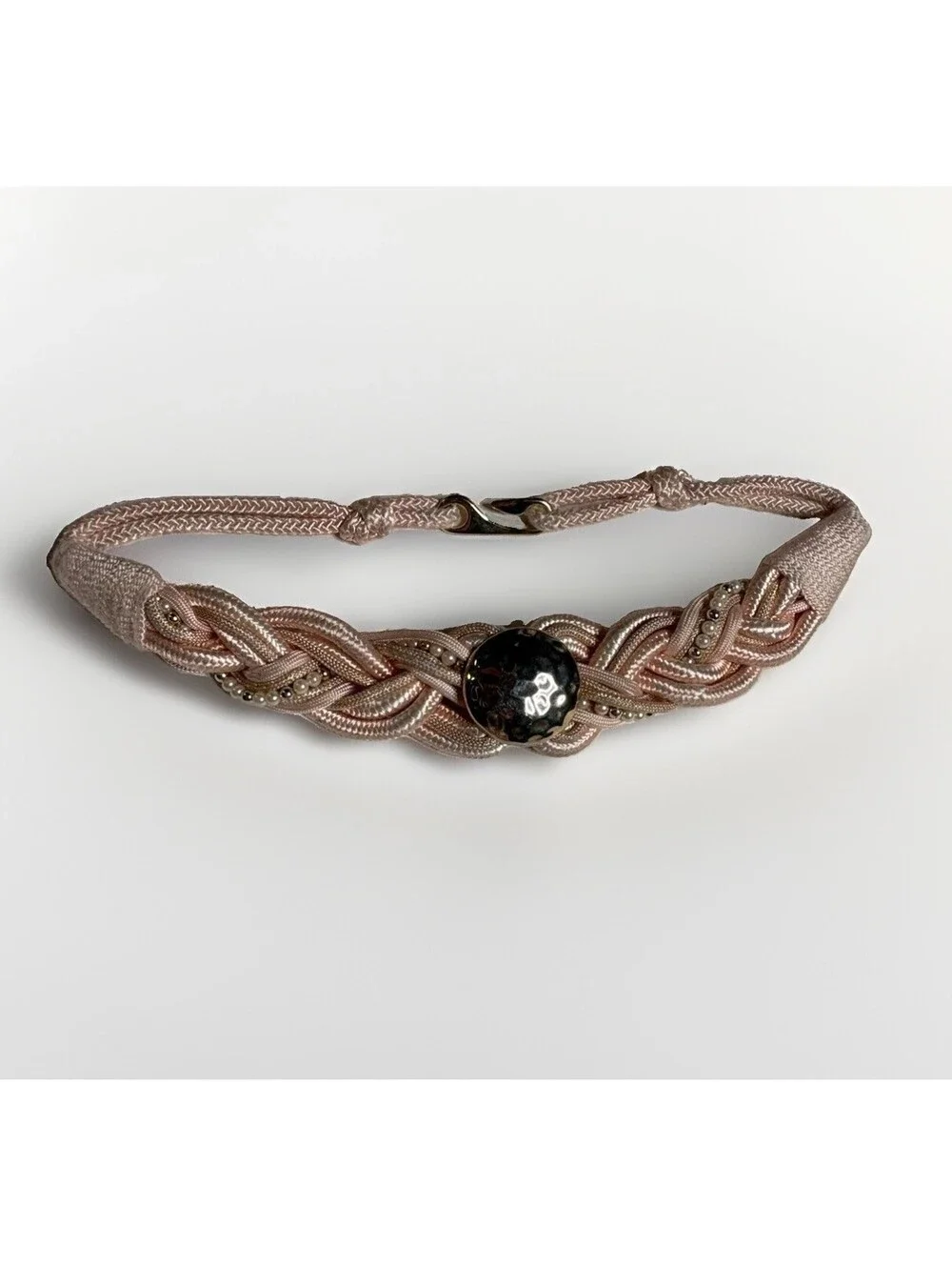 Vintage 80s Pink Braided Satin Belt with Faux Pearls & Gold-