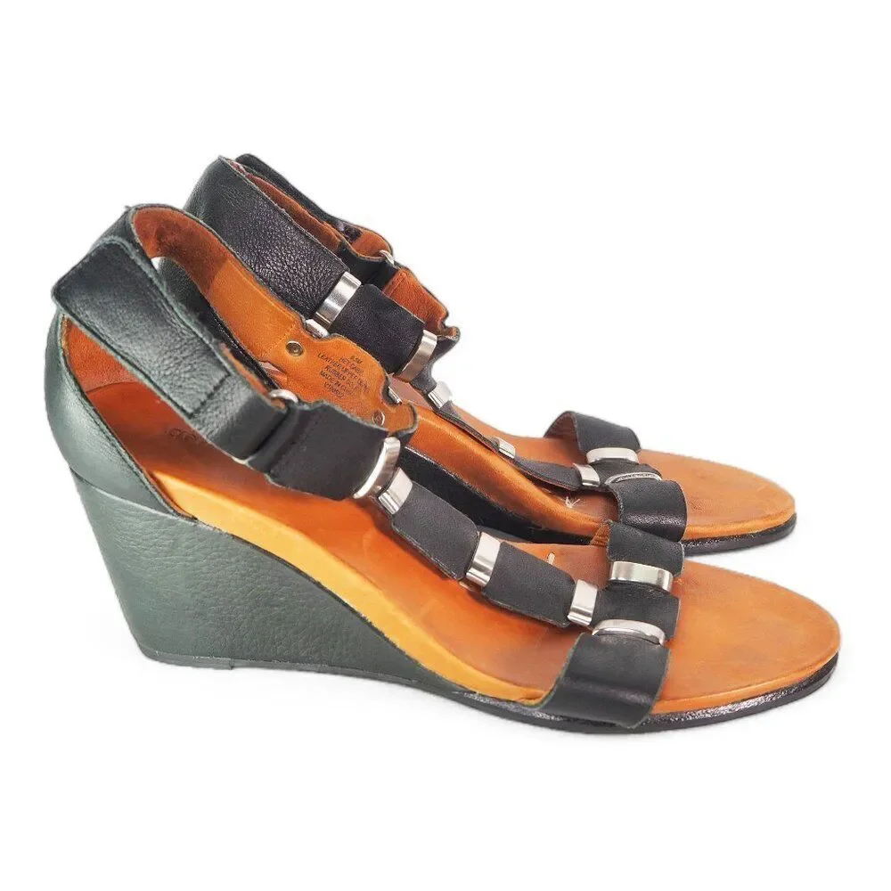 Gentle Souls by Kenneth Cole Hey Gabe‎ T-Strap Open Toe Wedge Black Women's 8.5M