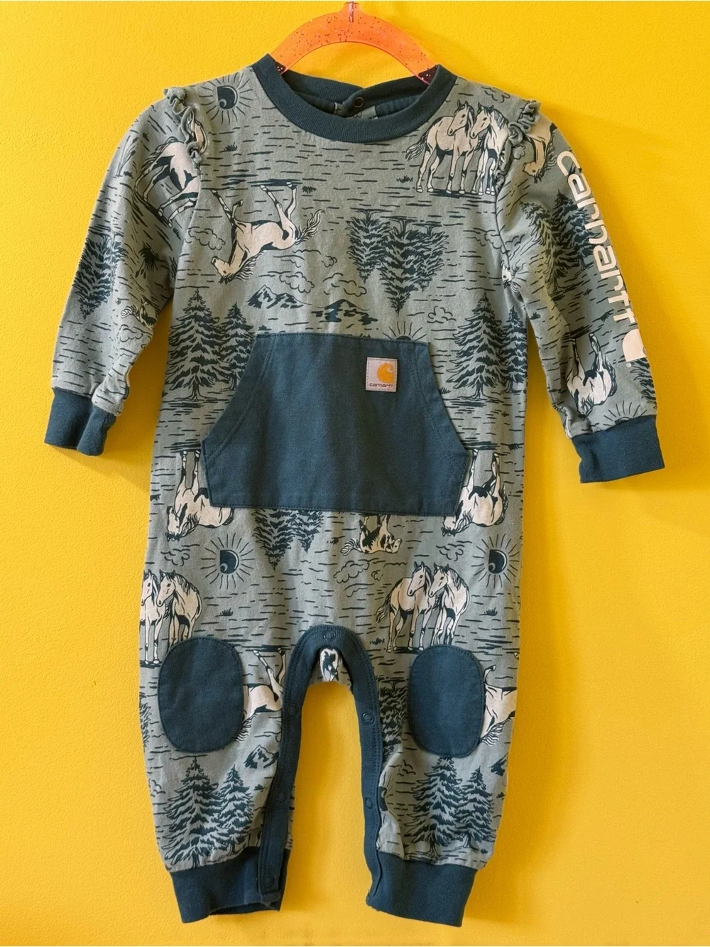 +NWOT Carhartt Horse Mustang Ruffle Coverall Baby Girl Turquoise & Teal 6M
