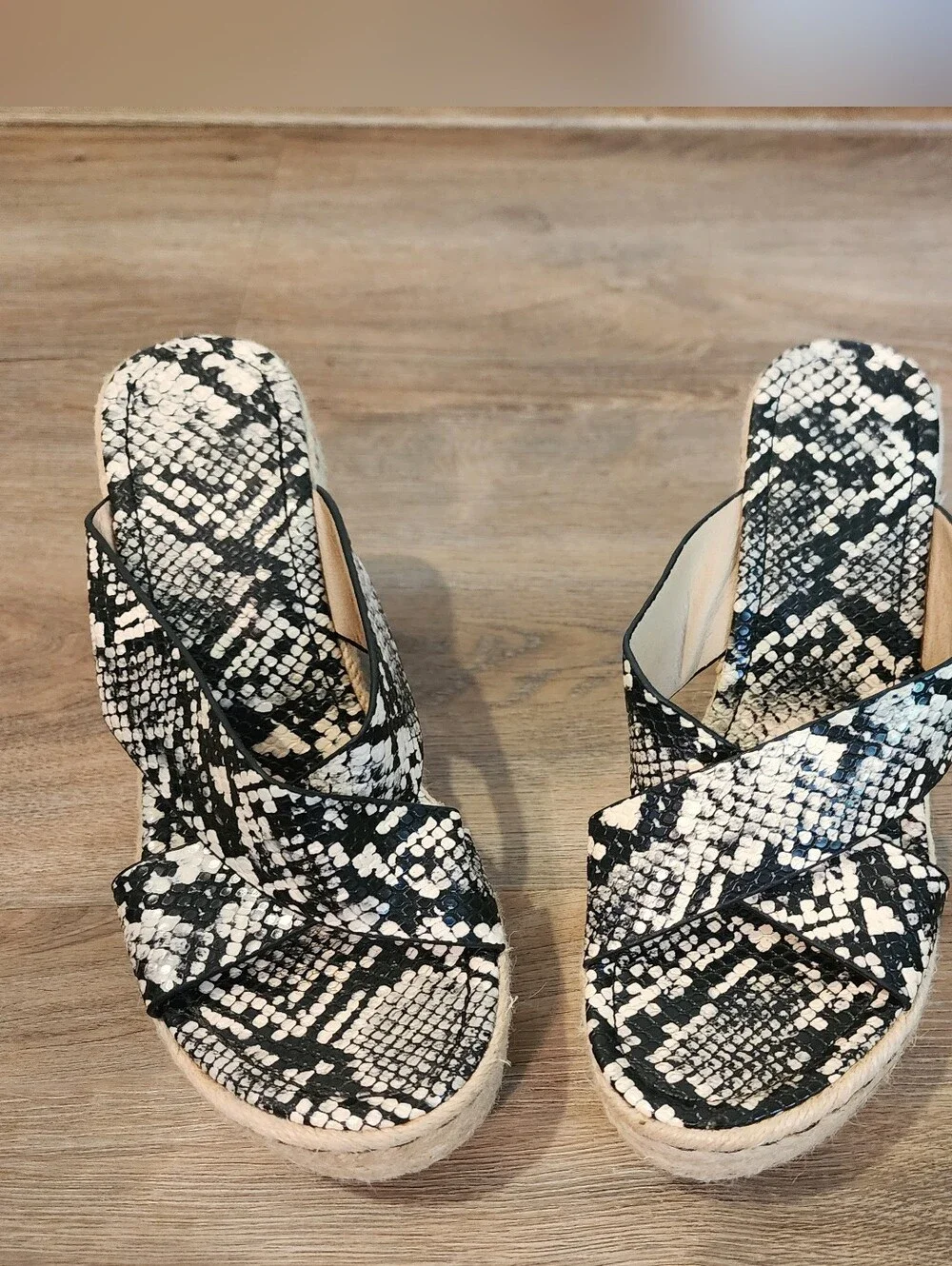Women’s Black & White Snake-Print Espadrille Wedge Sandals