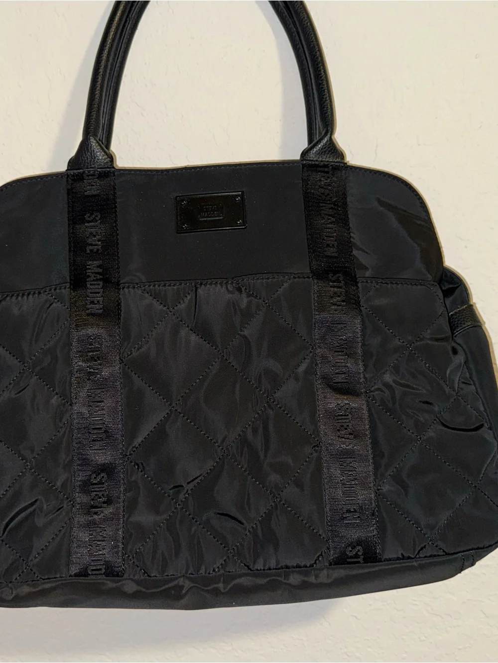 Steve Madden Black Quilted Nylon Laptop Tote Work Bag Travel Shoulder Bag