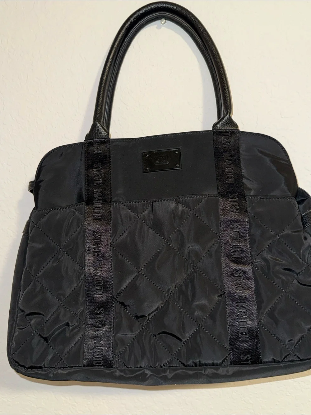 Steve Madden Black Quilted Nylon Laptop Tote Work Bag Travel Shoulder Bag