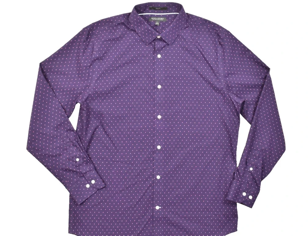 Banana Republic Shirt Mens Large Slim Fit Purple Polka Dot Long Sleeve Non-Iron