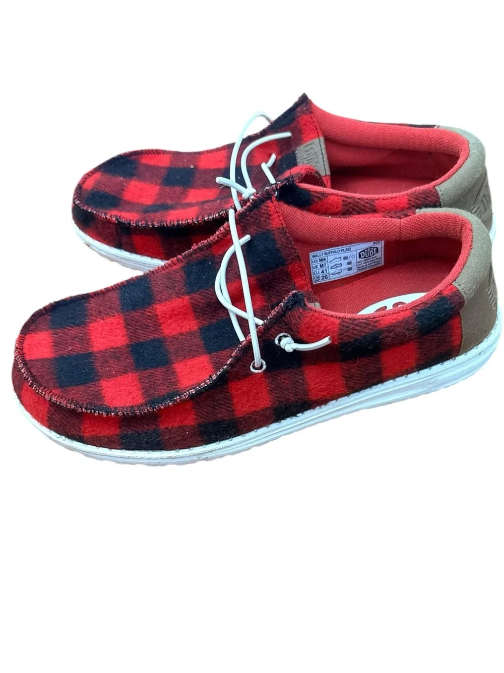 Hey Dude Men's Red and Black Buffalo Plaid Slip-On Loafers