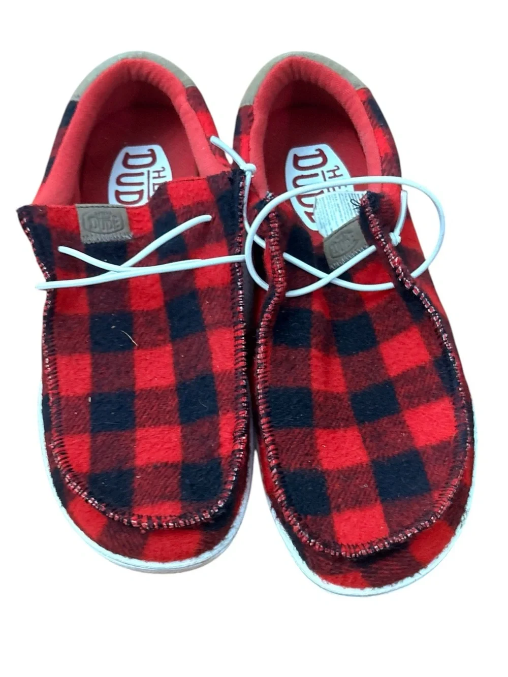 Hey Dude Men's Red and Black Buffalo Plaid Slip-On Loafers