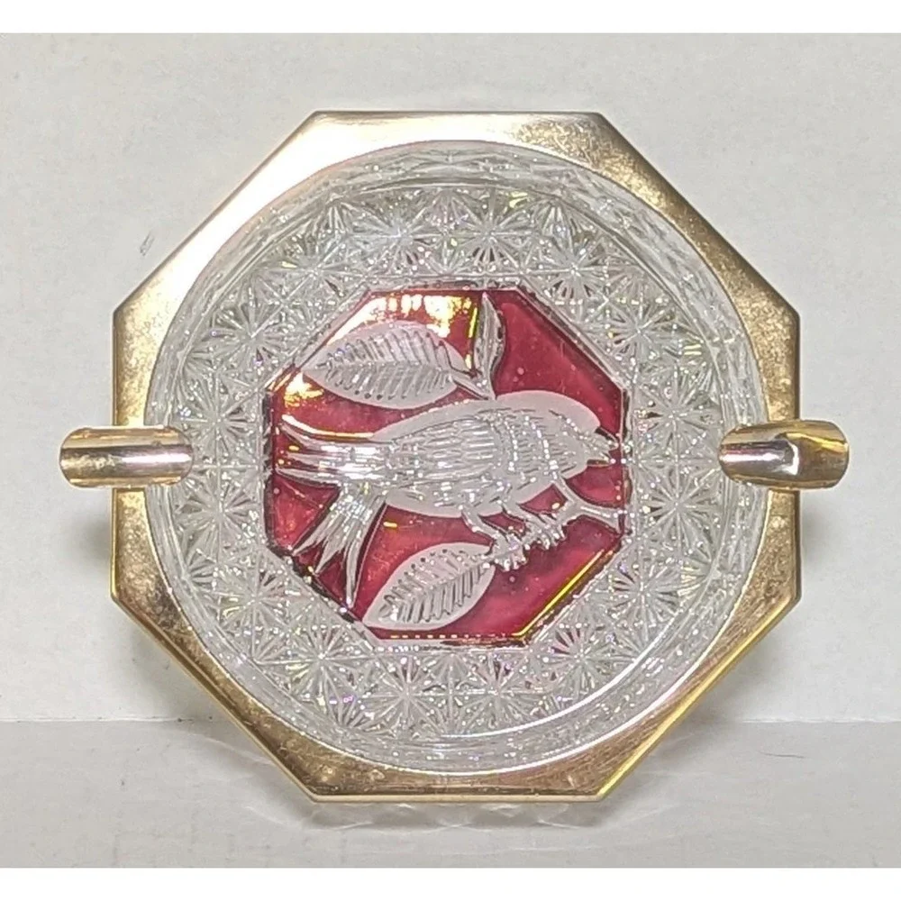 Vintage Hofbauer Byrdes Ruby Red Clear Cut Crystal and Brass Octagon Ashtray