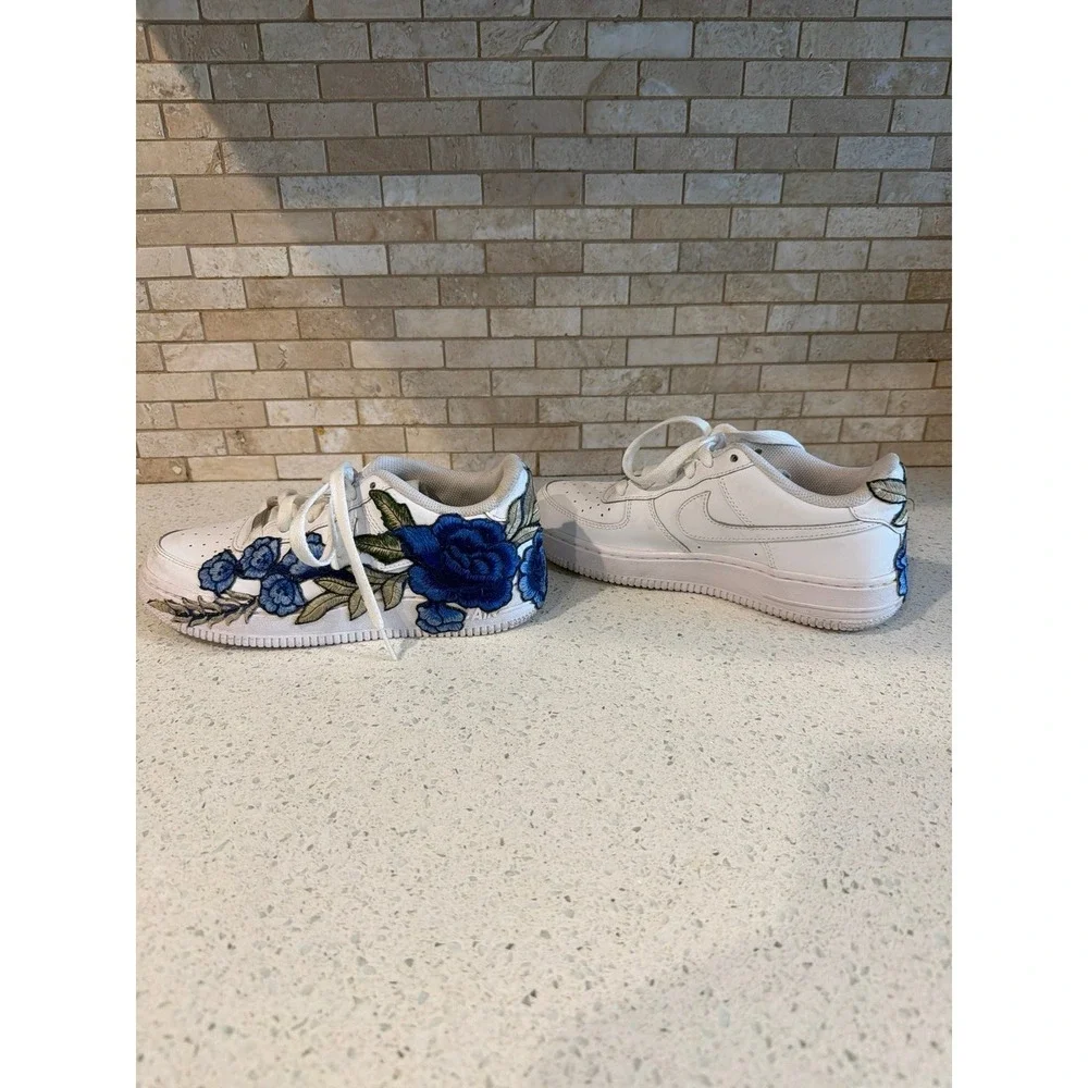 Nike Air‎ Force 1 Custom Floral Sneakers Youth Size 5 White Blue Shoes