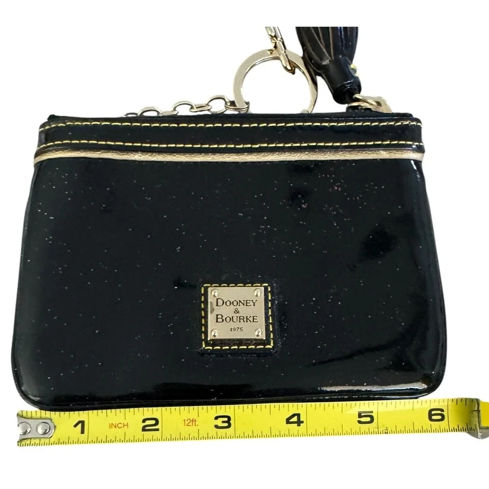 Dooney & Bourke Black Glitter‎ Patent Leather Wristlet Pouch Key Ring Coin Purse