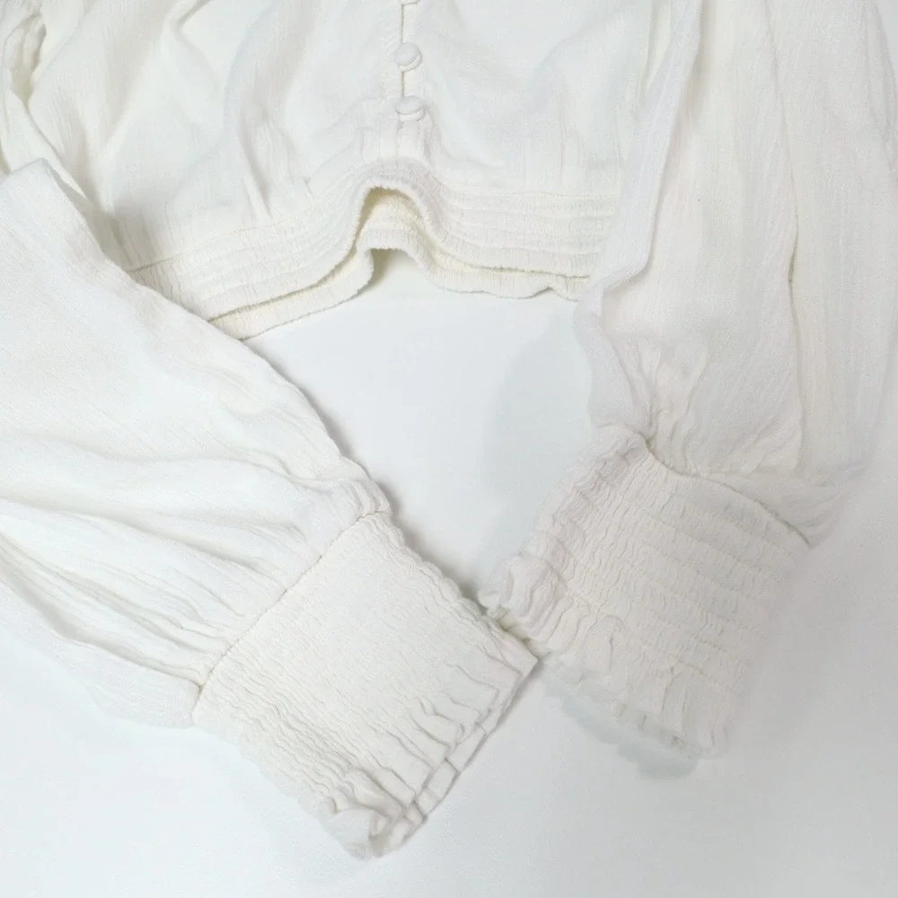 Abercrombie & Fitch Smocked V-Neck Button Blouse XS White Boho Cottagecore Top