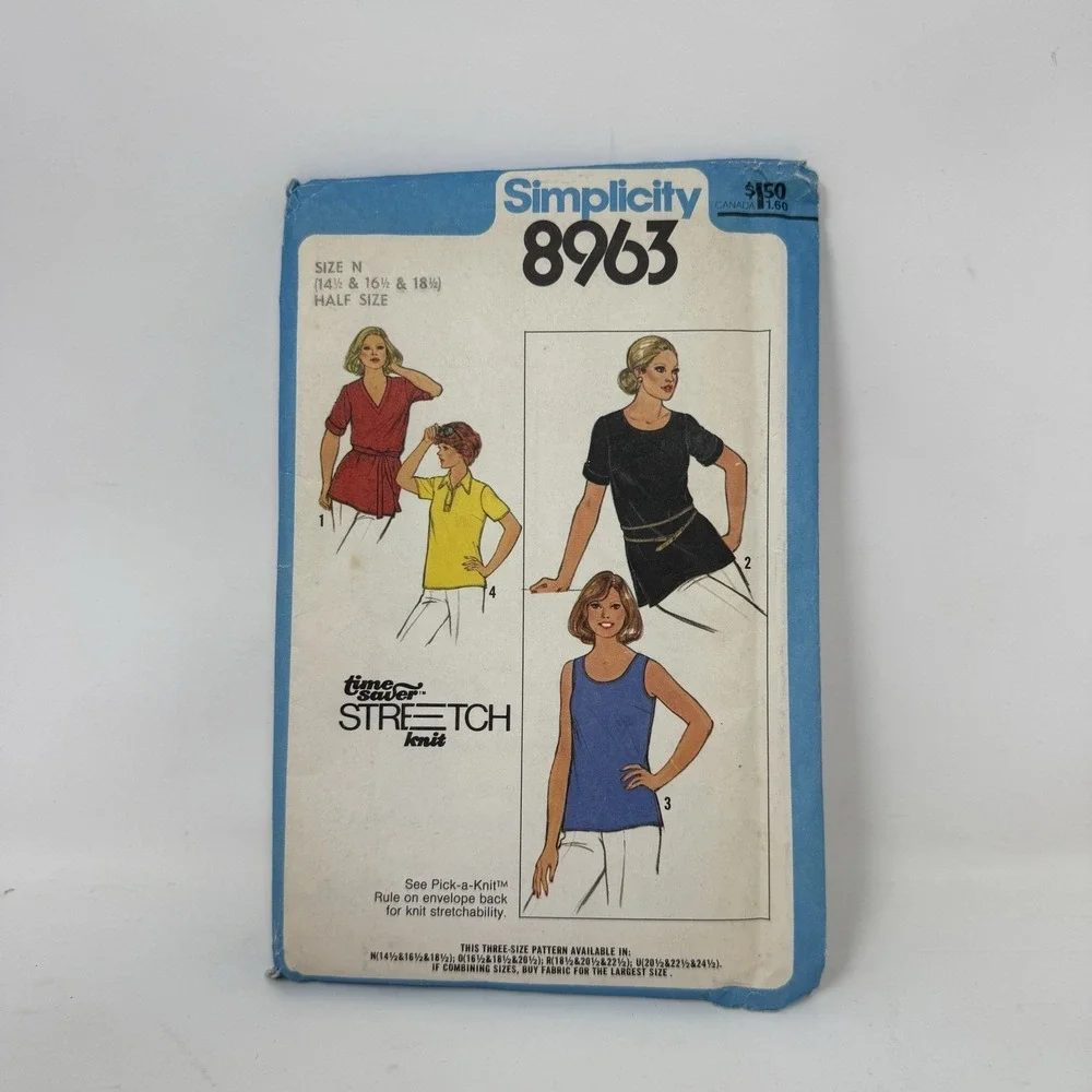 Pullover Tops Simplicity 8963 Half-Size Pattern Size 14 1/2 To 18 1/2 Bust 37-41