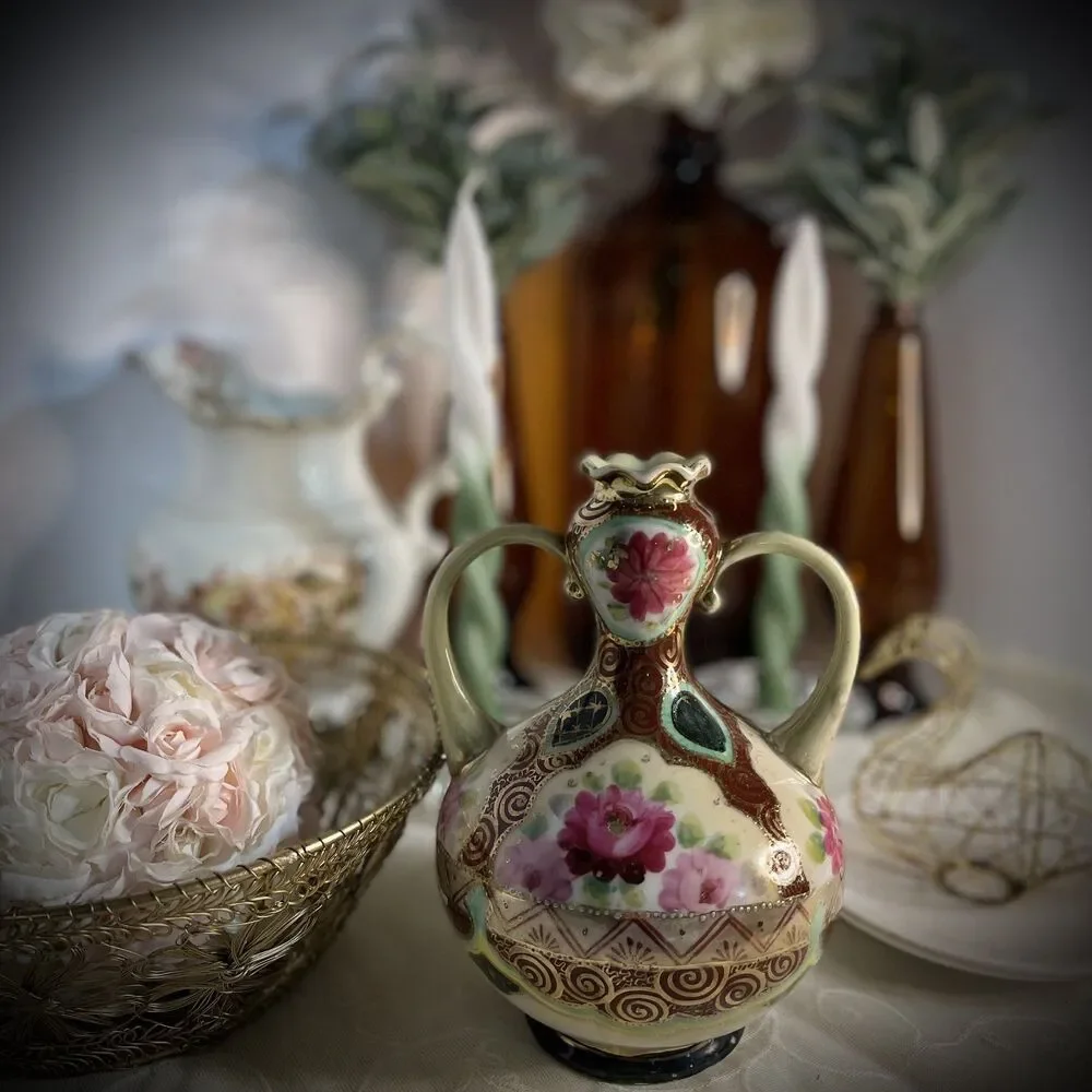 VTG Nagoya Japan Moriage Vase 7.5in Hand Painted Pink Roses Gold Double Handle