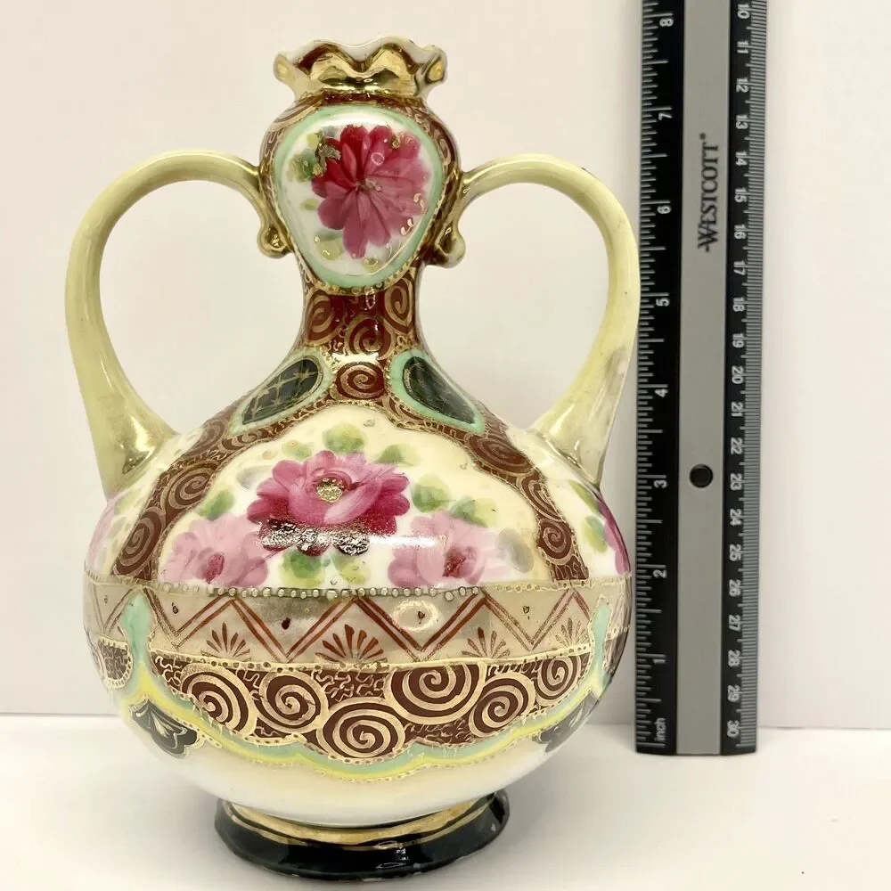 VTG Nagoya Japan Moriage Vase 7.5in Hand Painted Pink Roses Gold Double Handle