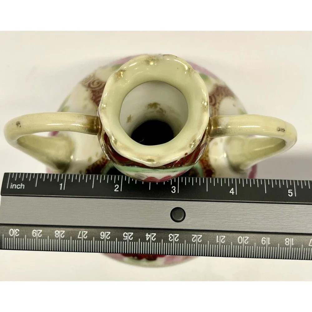 VTG Nagoya Japan Moriage Vase 7.5in Hand Painted Pink Roses Gold Double Handle