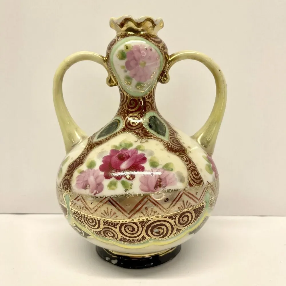 VTG Nagoya Japan Moriage Vase 7.5in Hand Painted Pink Roses Gold Double Handle