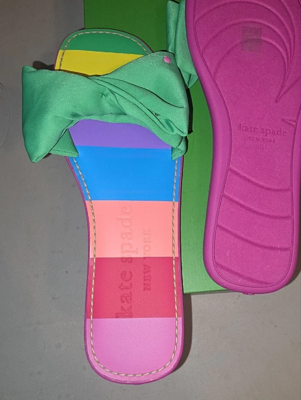 kate spade multicolor striped slide sandals with green bow