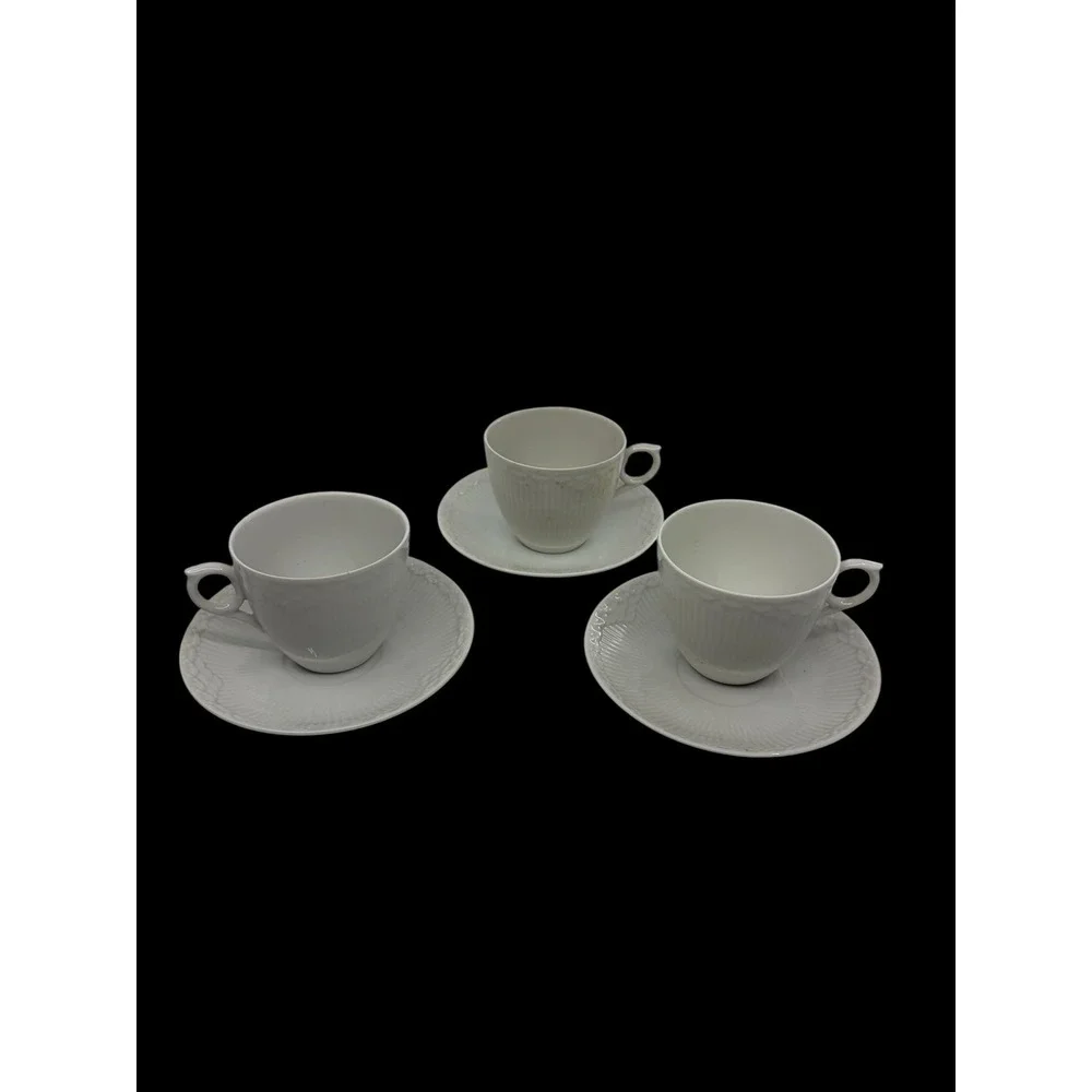 Royal Copenhagen White Half Lace Tea Cup Saucer Set 3 Denmark Fluted Porcelain