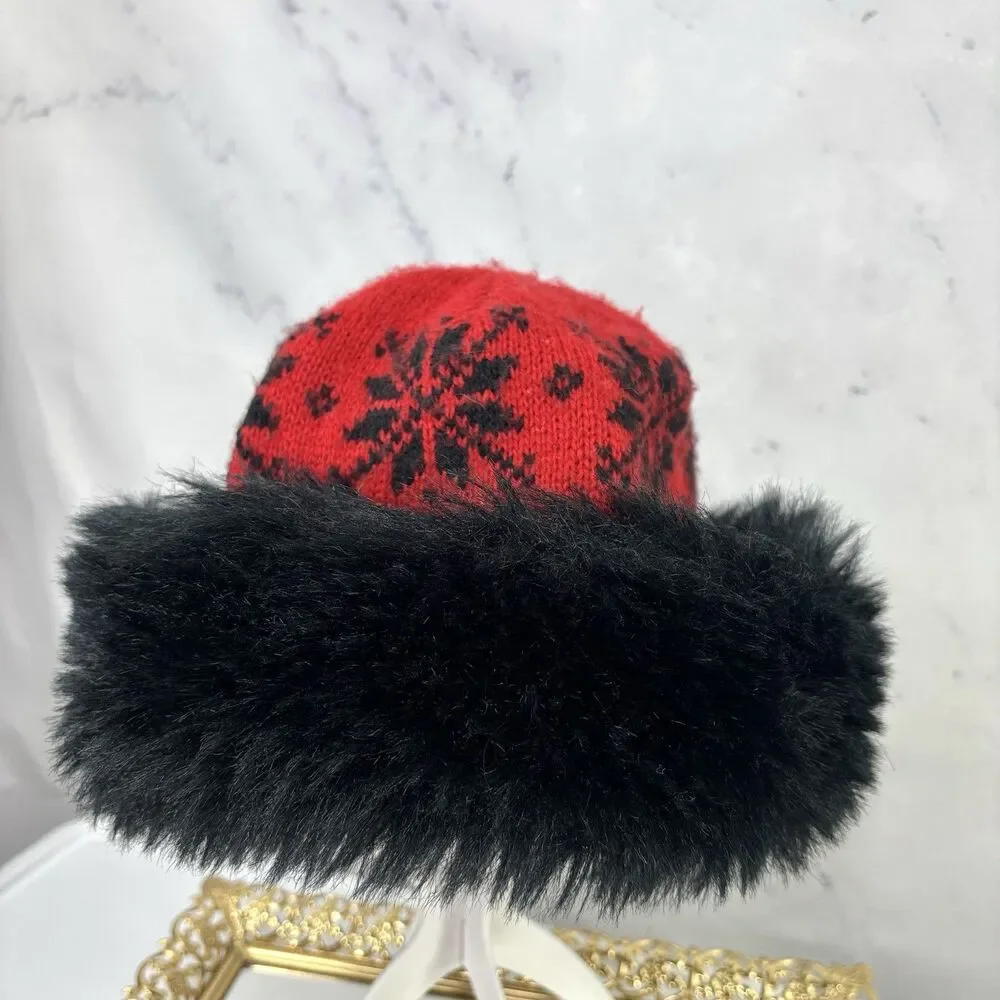 Vintage 90s Cossack Papakha Brimmed Faux Fur Hat Beanie Après-Ski Festive Retro