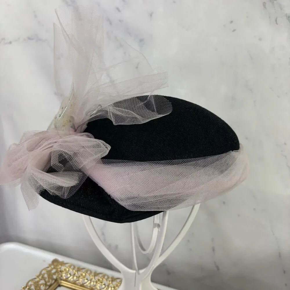 Vintage 1950s 60s Woven Cloche Hat Pink Tulle Bow Star Cocktail Fascinator MCM