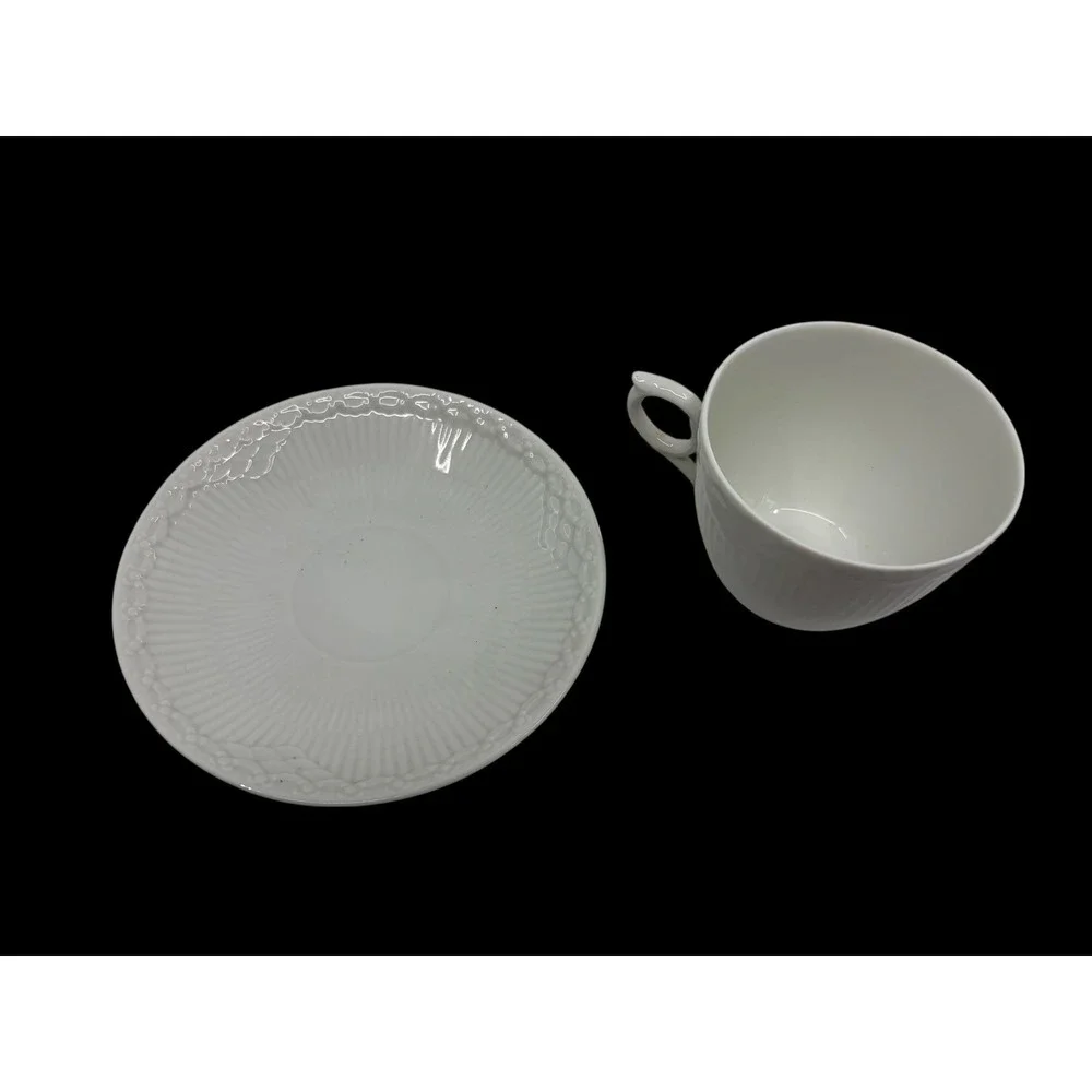 Royal Copenhagen White Half Lace Tea Cup and Saucer Set of 2 Porcelain Denmark