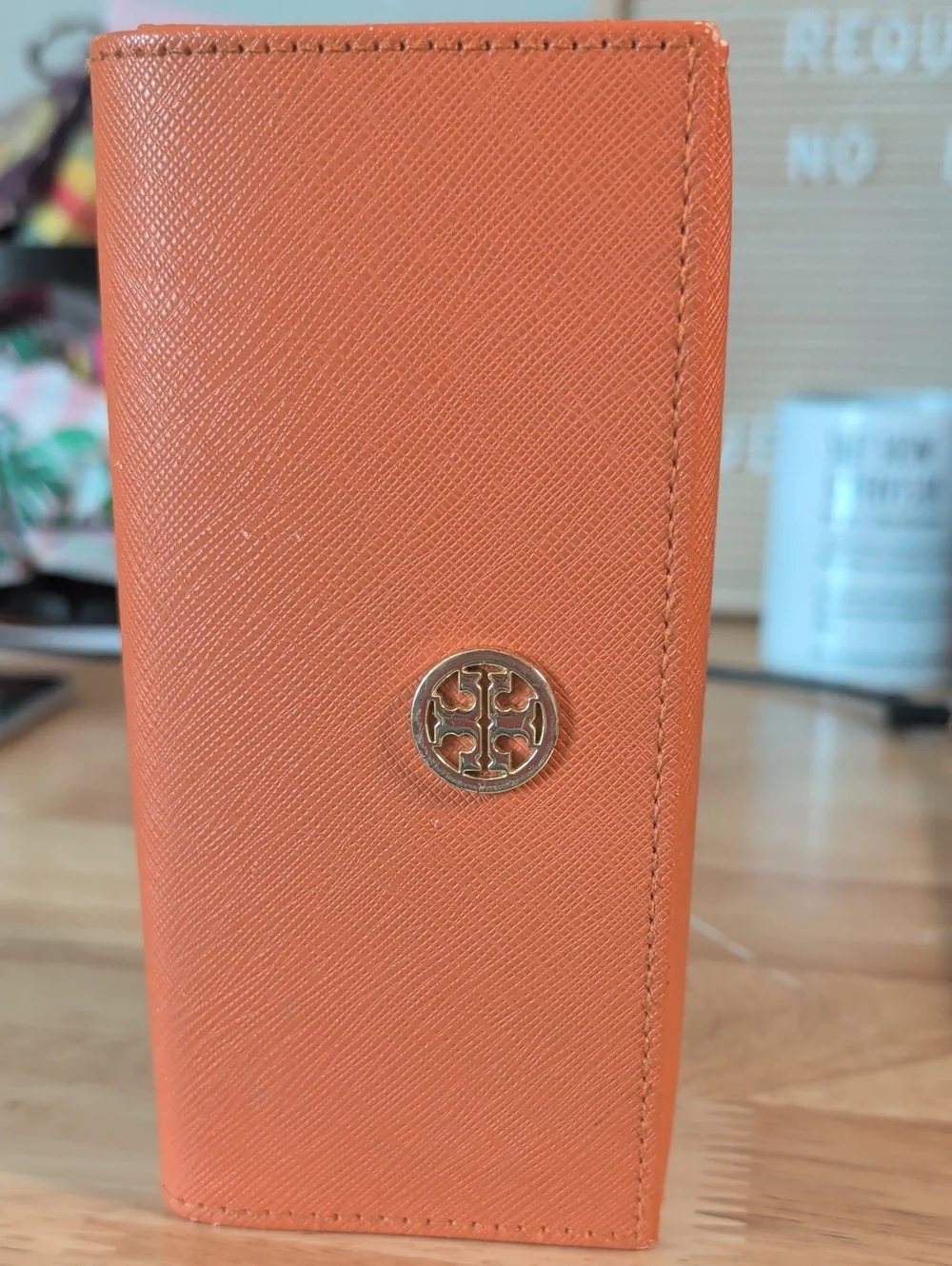 Tory Burch Orange Leather Eyeglass Case with Gold Emblem & Dust Bag