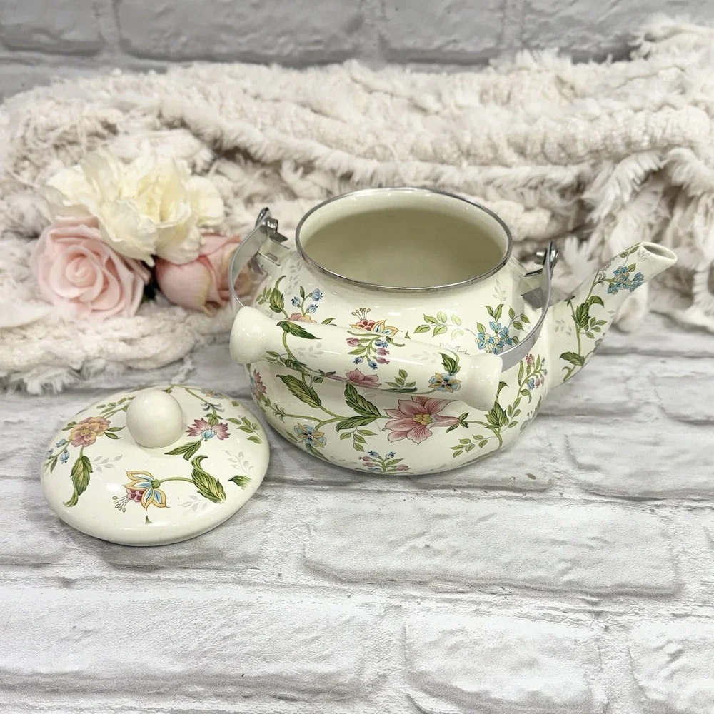 Floral Enamel Tea Pot Kettle Stove Top Porcelain  Cottage Core Farmhouse Nice!