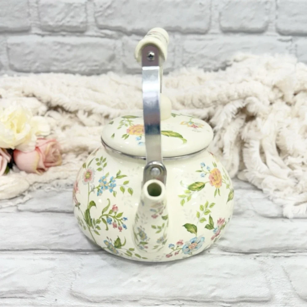 Floral Enamel Tea Pot Kettle Stove Top Porcelain  Cottage Core Farmhouse Nice!