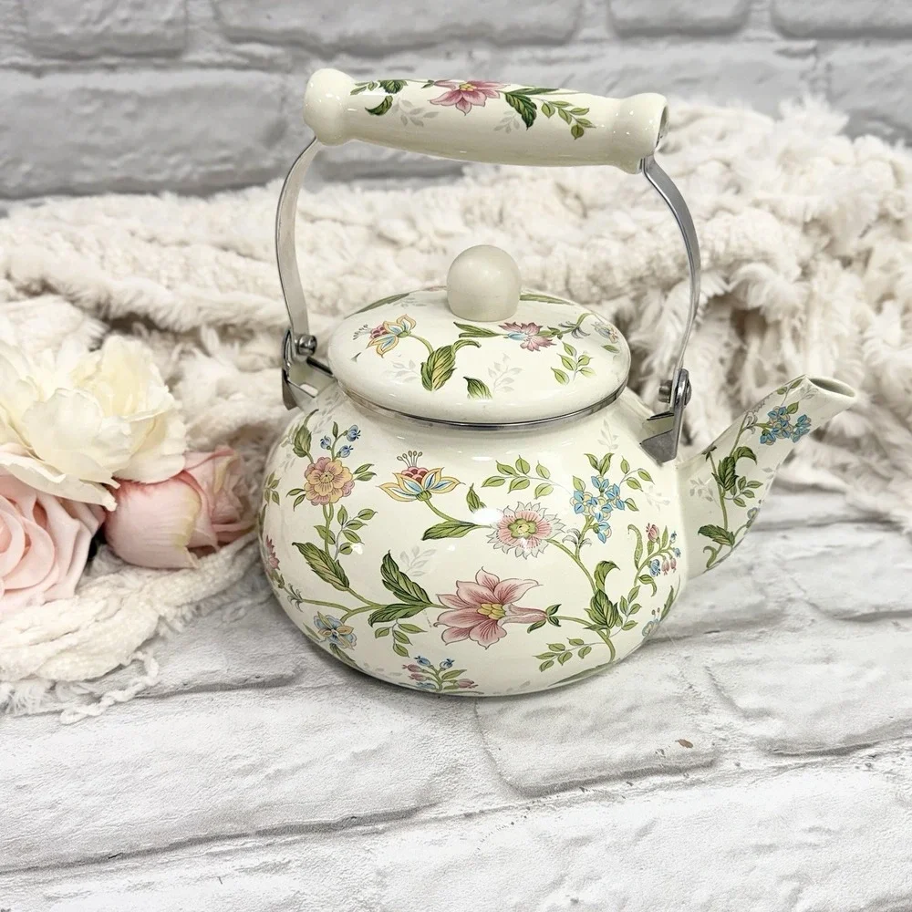 Floral Enamel Tea Pot Kettle Stove Top Porcelain  Cottage Core Farmhouse Nice!