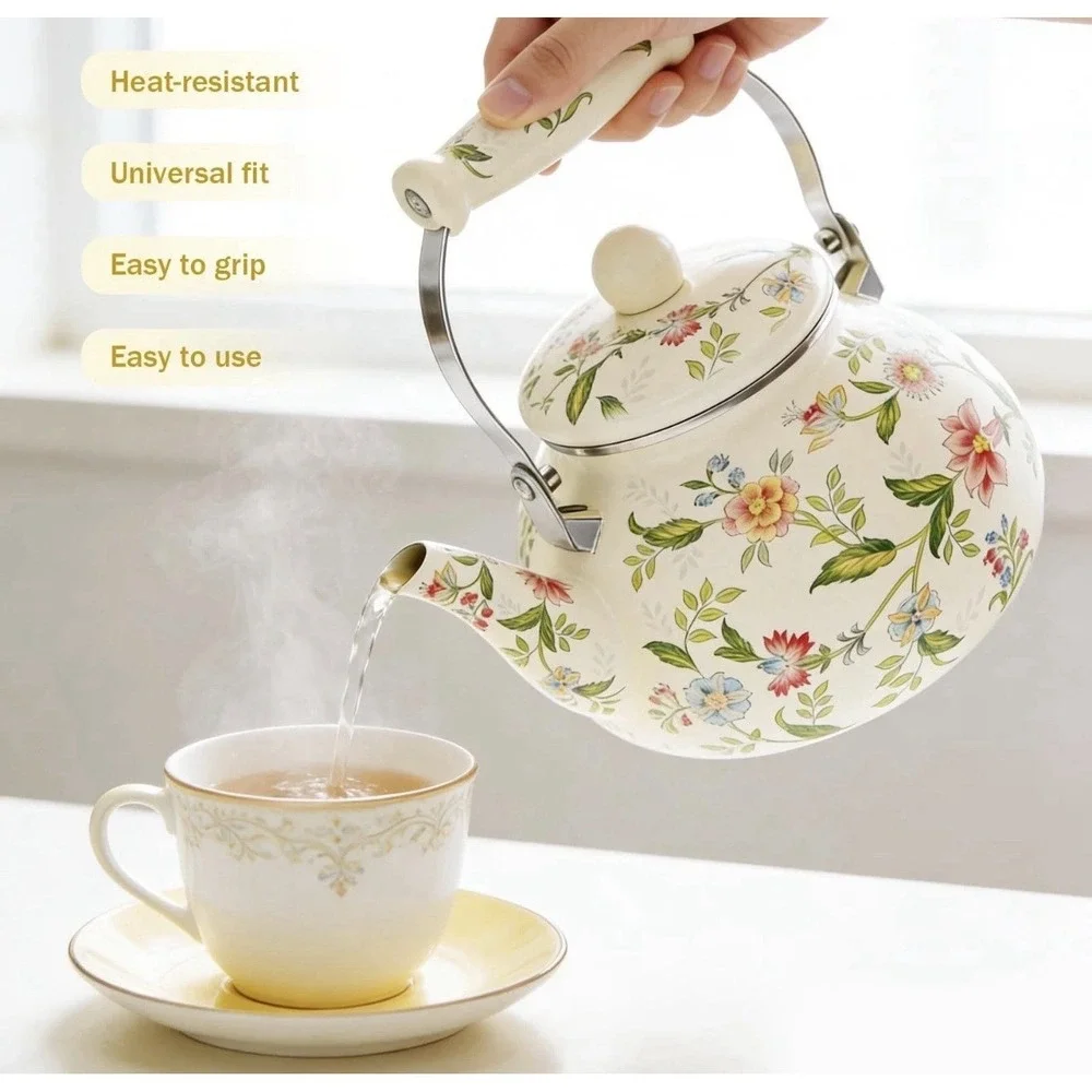 Floral Enamel Tea Pot Kettle Stove Top Porcelain  Cottage Core Farmhouse Nice!