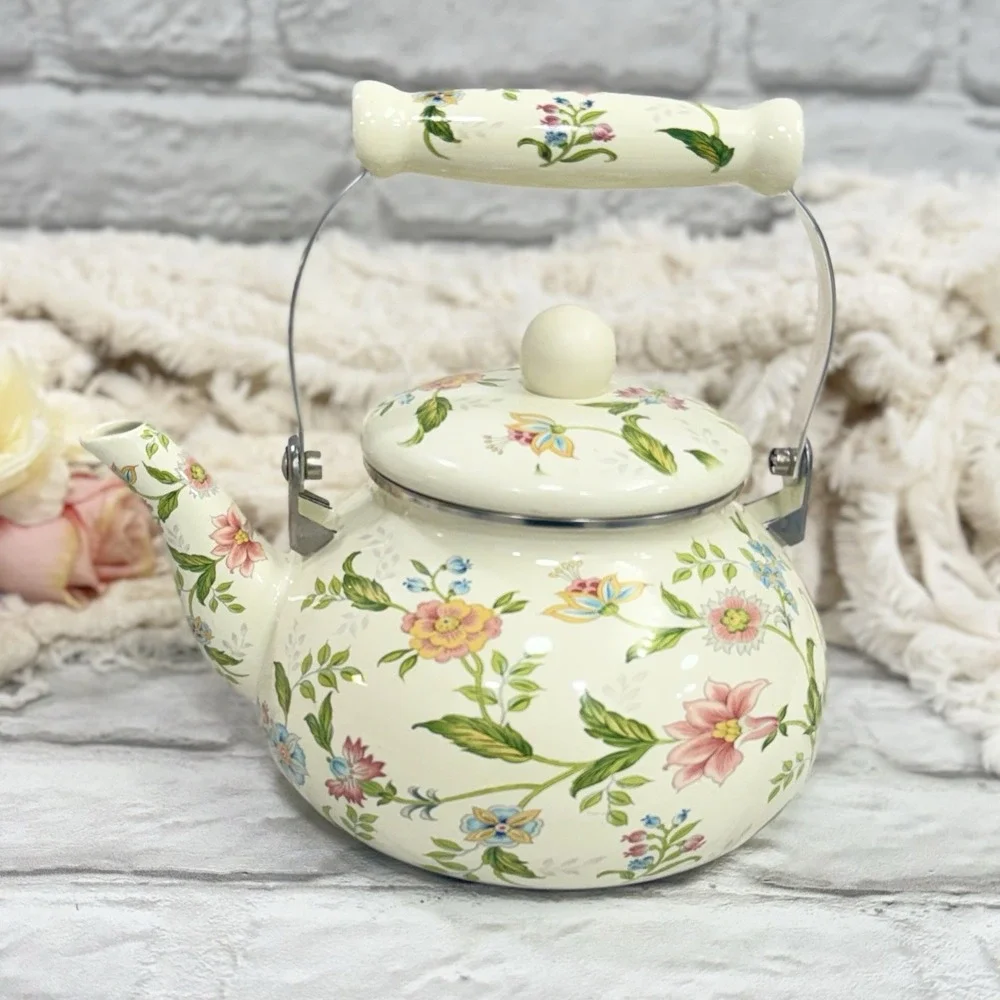 Floral Enamel Tea Pot Kettle Stove Top Porcelain  Cottage Core Farmhouse Nice!