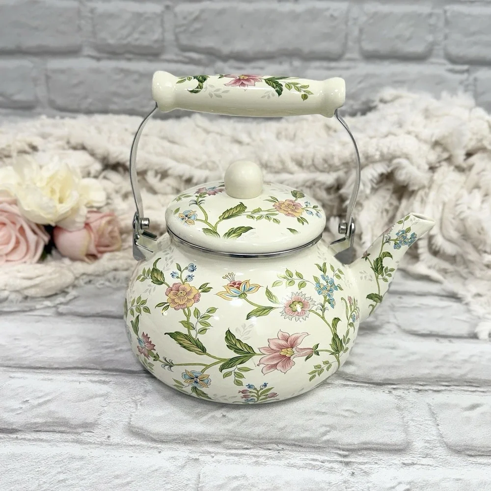 Floral Enamel Tea Pot Kettle Stove Top Porcelain  Cottage Core Farmhouse Nice!