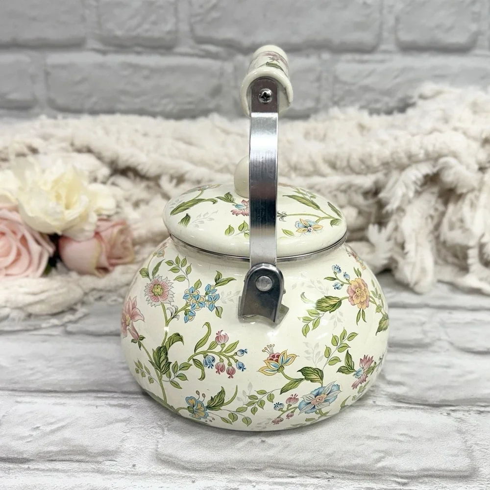 Floral Enamel Tea Pot Kettle Stove Top Porcelain  Cottage Core Farmhouse Nice!