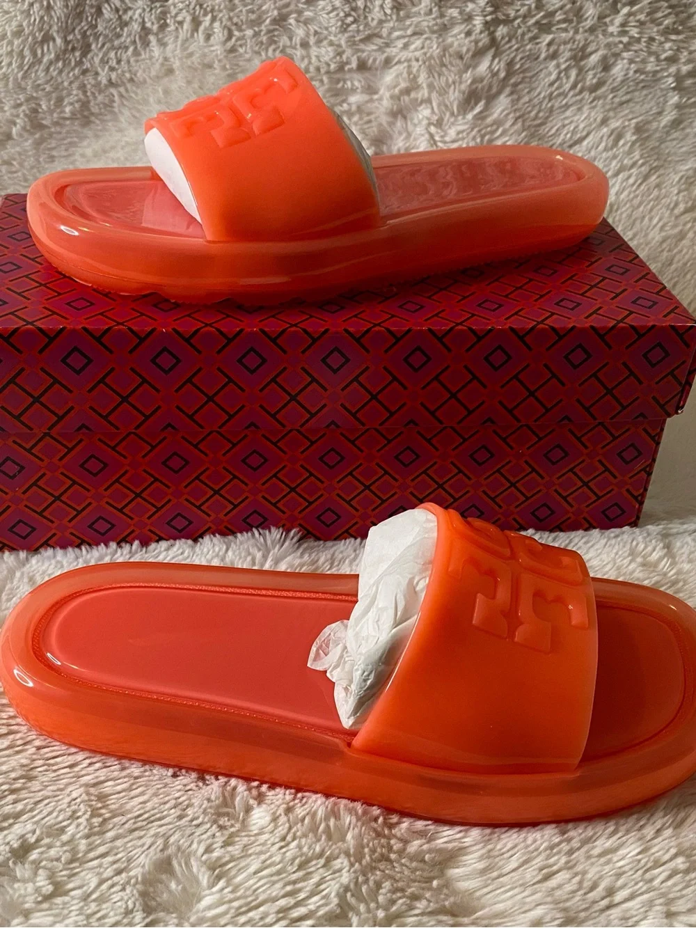 Tory Burch Fluorescent Pink/Orange Logo Jelly Slides