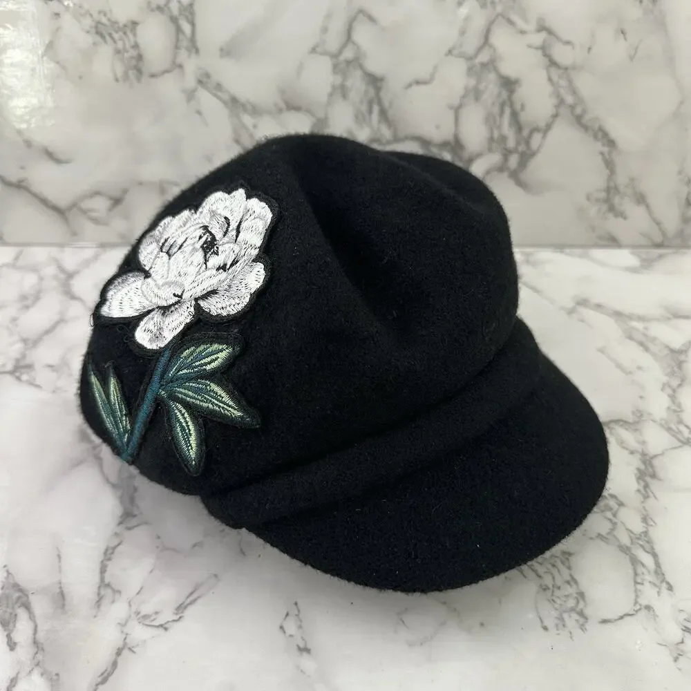 Nine West Womens Vintage Y2k Newsboy Hat Black White Flower Wool Blend