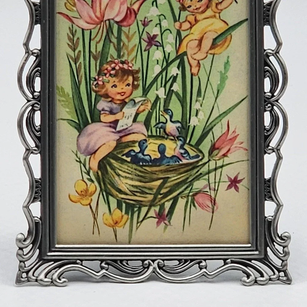 Vintage Silver Tone Baroque Picture Frame Ornate 3x5 Pixie Fairies Card Print
