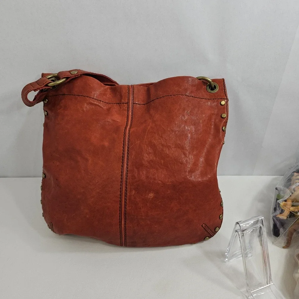 Fossil Long Live Vintage Hobo Burnt Orange Leather Brass Studded
